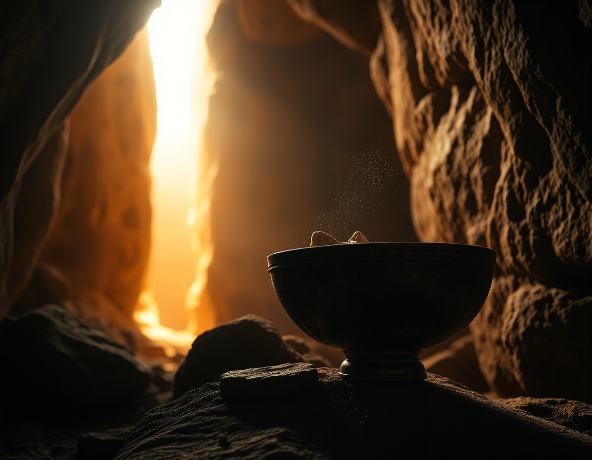 Photorealistic cinematic wide shot inside a vast limestone cave in the Altai Mountains, a single beam of golden-hour sun