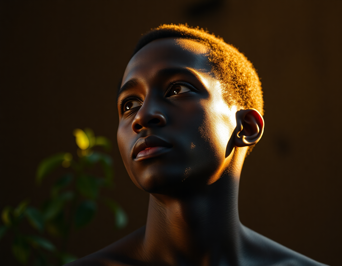 Retrato de perfil de una persona joven con la mirada elevada, iluminada por una luz lateral cálida, sobre un fondo oscuro y neutro.