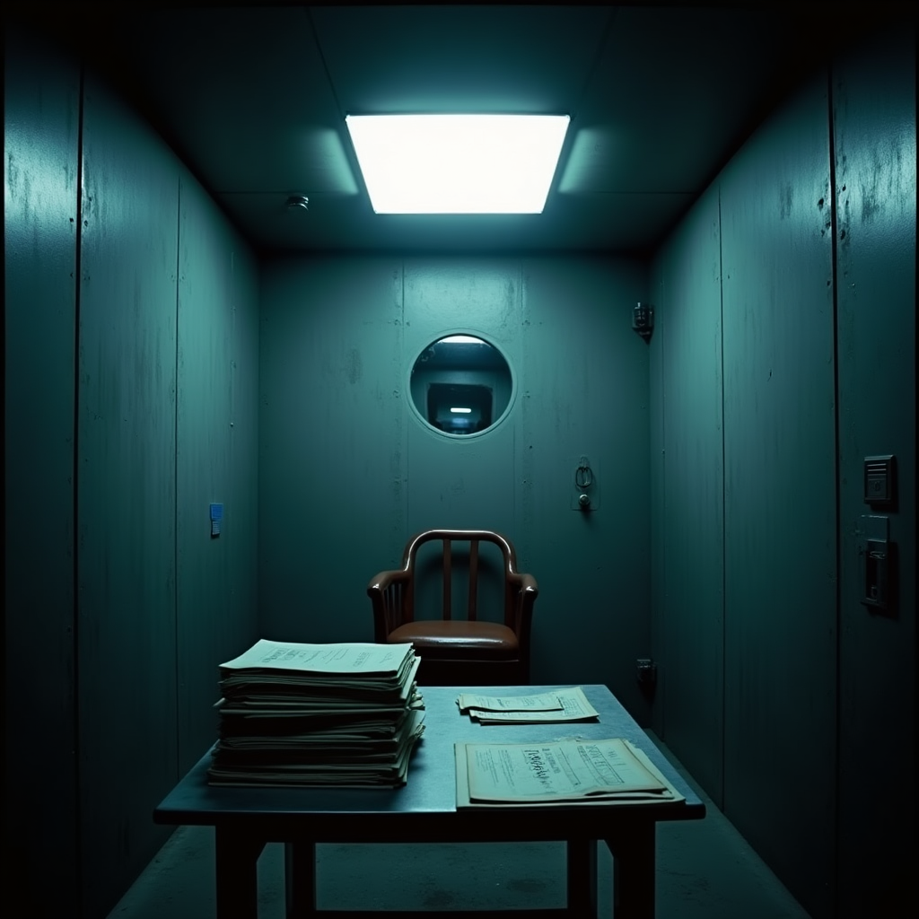 Fotografía en blanco y negro de una sala de interrogatorios vacía con una silla metálica bajo luz cenital, archivos clasificados apilados sobre una mesa de acero