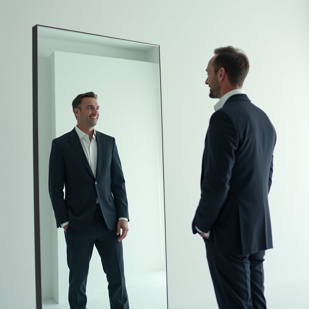 Hombre de traje mirando su reflejo distorsionado en un espejo convexo, fondo blanco neutro, fotografía de estudio de alta definición