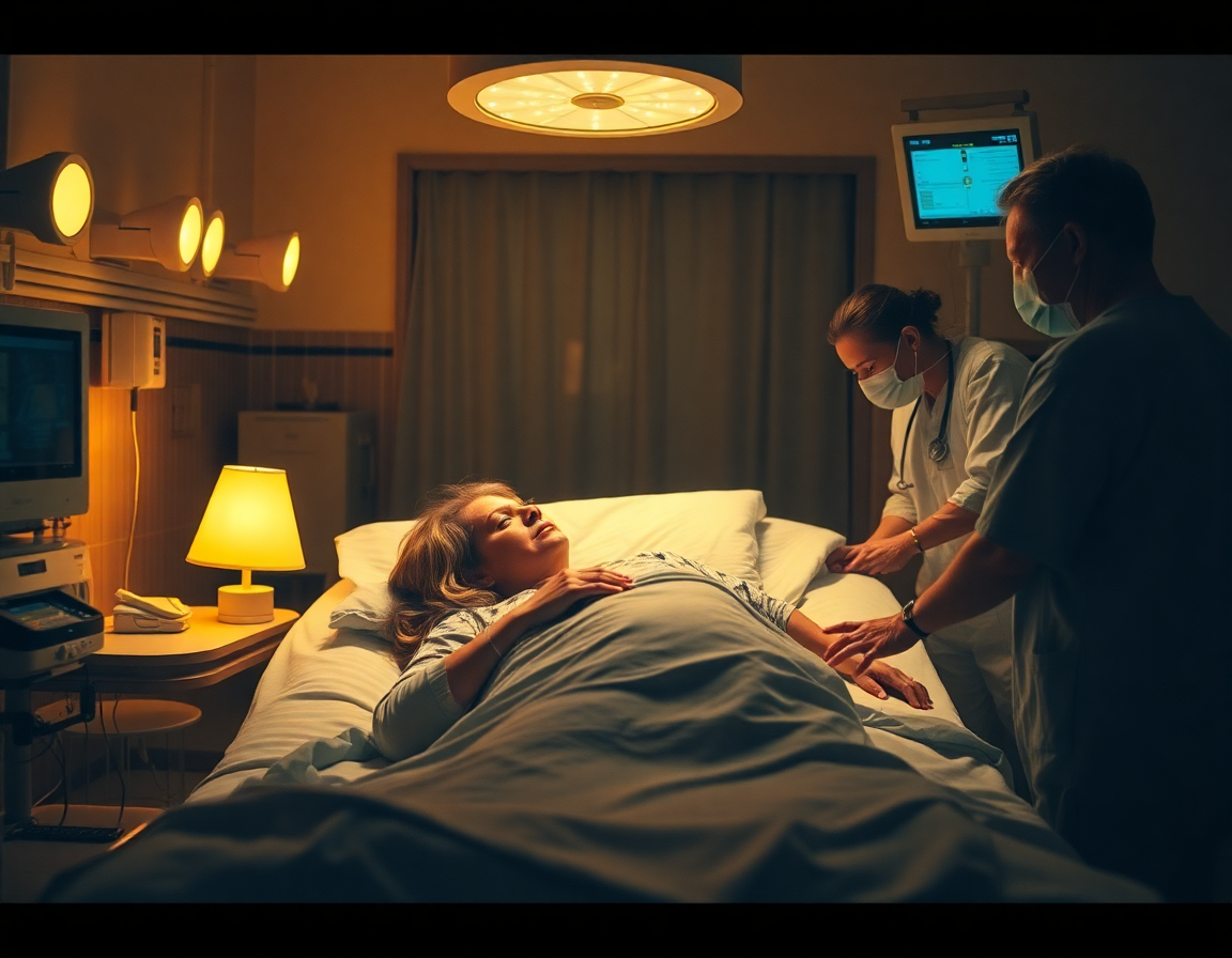 Photorealistic cinematic scene inside a hospital resuscitation room at night, a middle-aged woman lying on a bed surroun