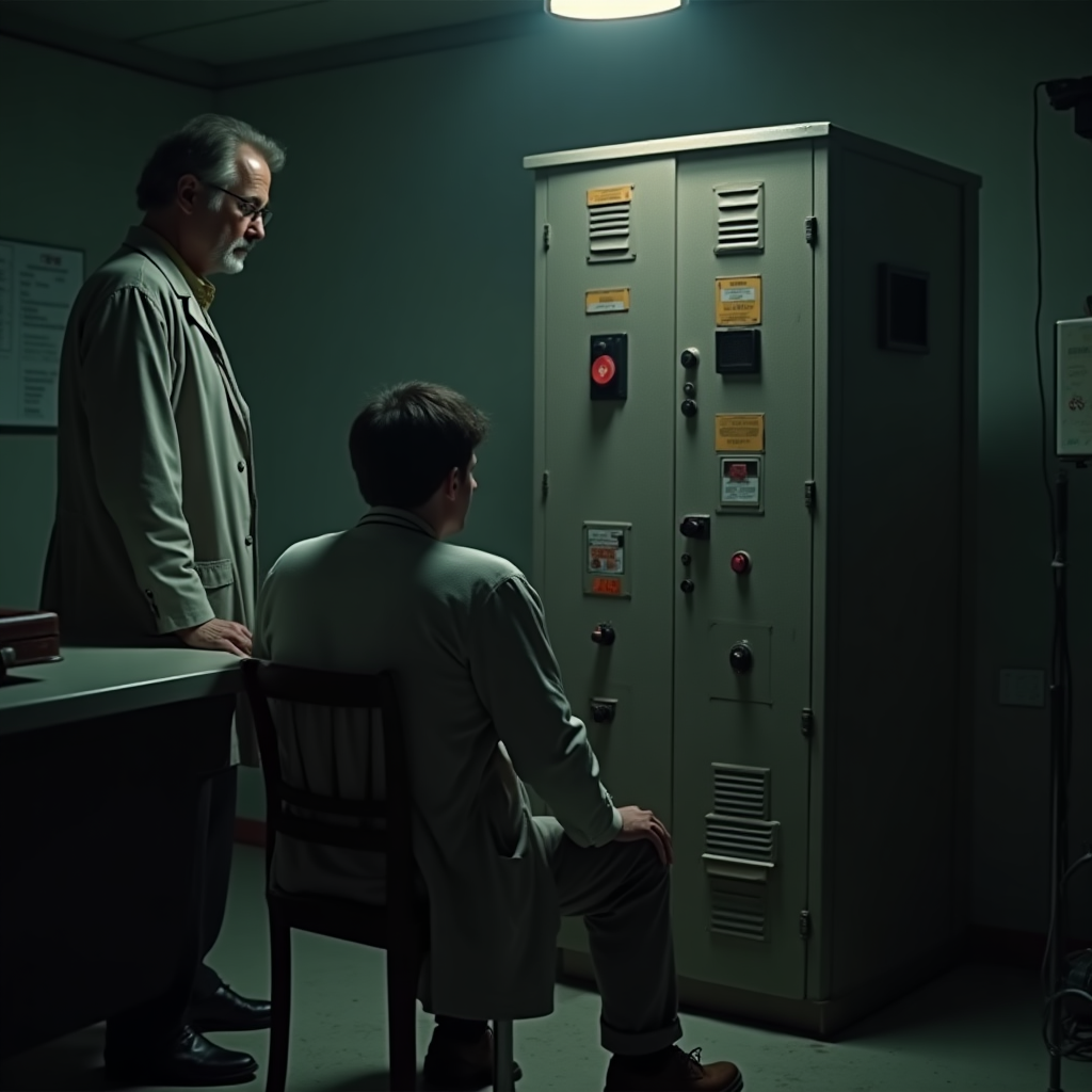 Un investigador con bata blanca de laboratorio junto a un generador de descargas eléctricas, con un participante sentado al frente.
