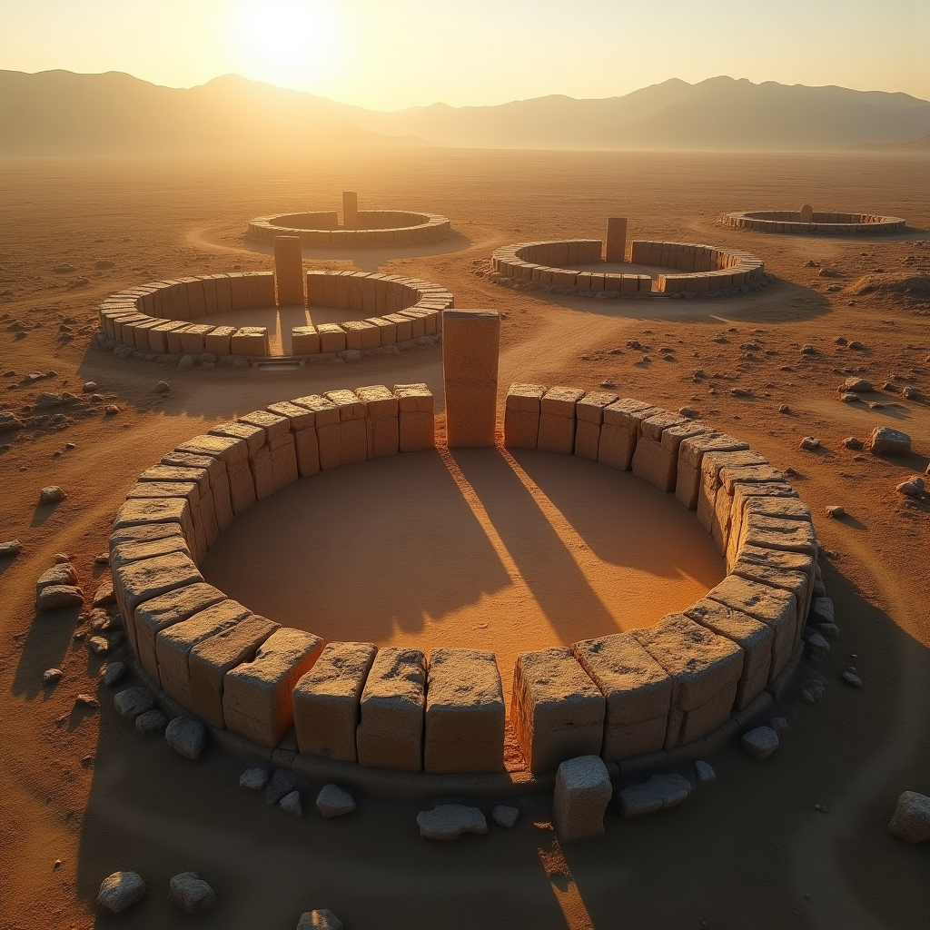 Vista aérea de los recintos circulares de Göbekli Tepe con pilares en forma de T emergiendo del suelo excavado en el sureste de Turquía