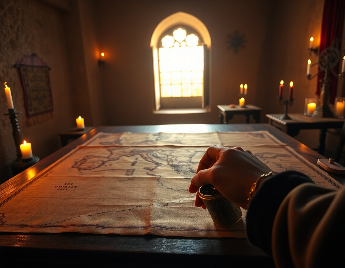 Cinematic photorealistic scene of an Ottoman admiral's candlelit map room in 1513, a weathered gazelle-skin parchment ma