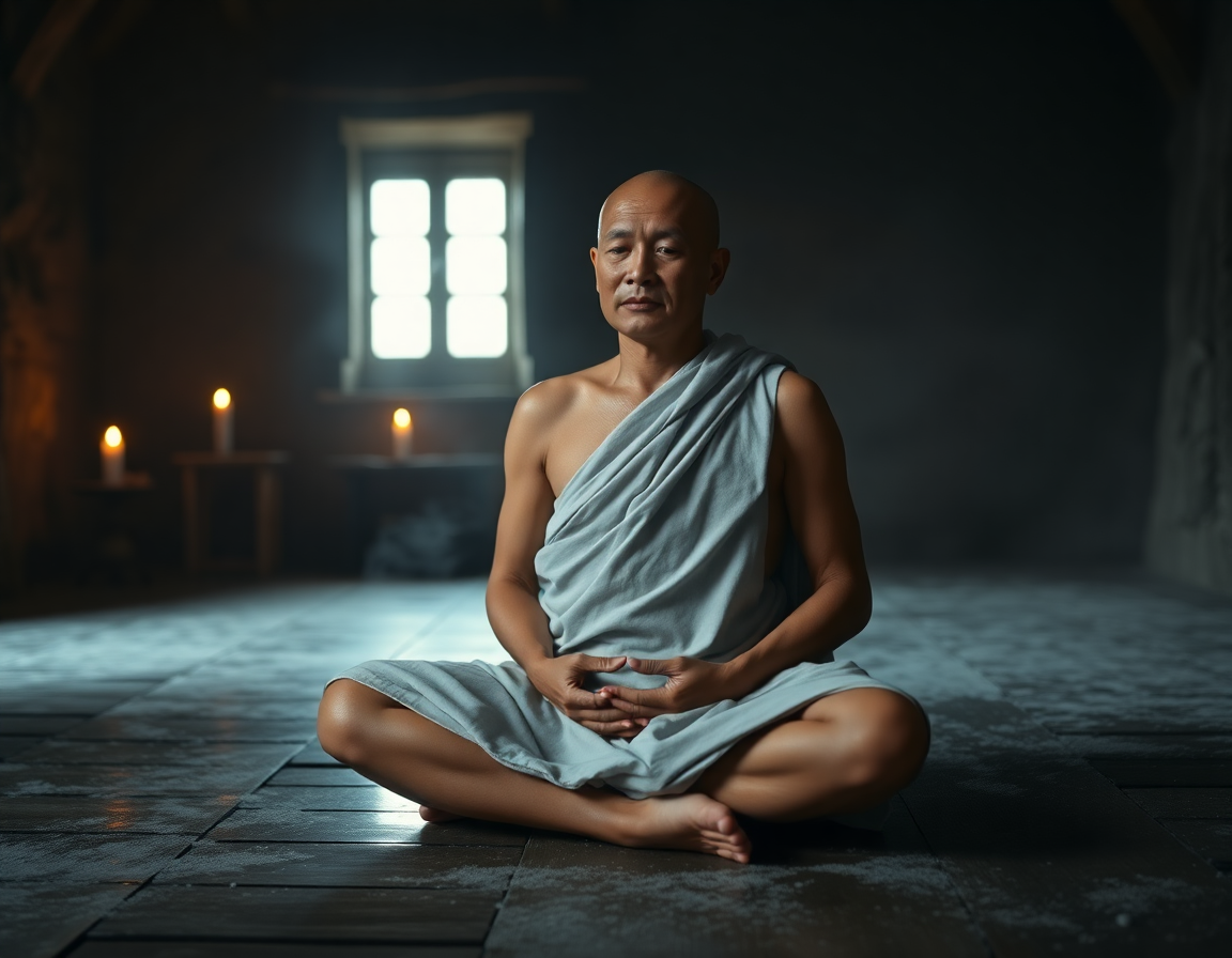 Photorealistic cinematic wide shot of a Tibetan Buddhist monk meditating cross-legged in a sparse, dimly lit Himalayan r