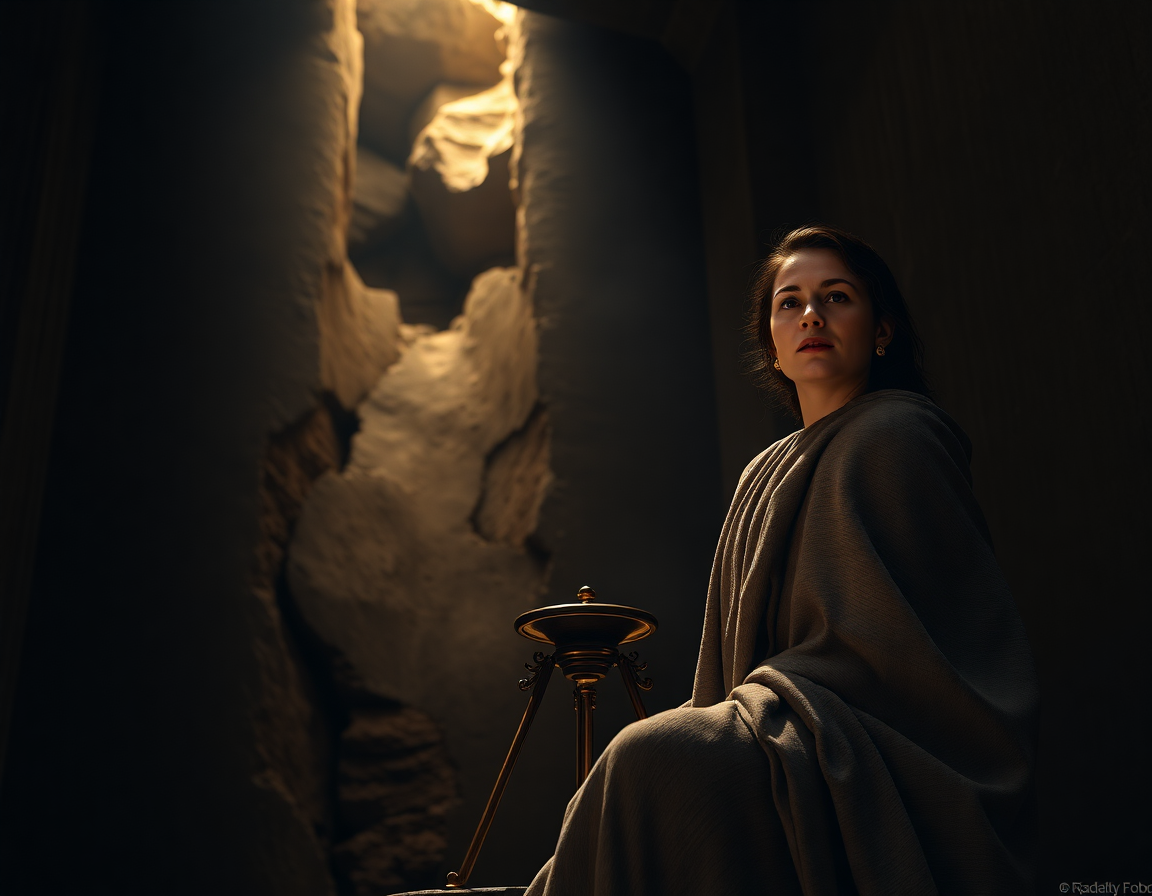 Photorealistic cinematic scene inside the dark adyton of the Temple of Apollo at Delphi, a woman priestess seated on a b