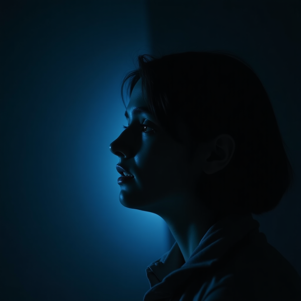 Retrato de perfil de una figura humana con el rostro parcialmente en sombra, sobre fondo oscuro neutro