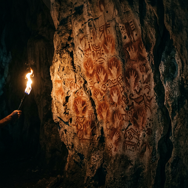 Huellas de manos en ocre en una pared de cueva